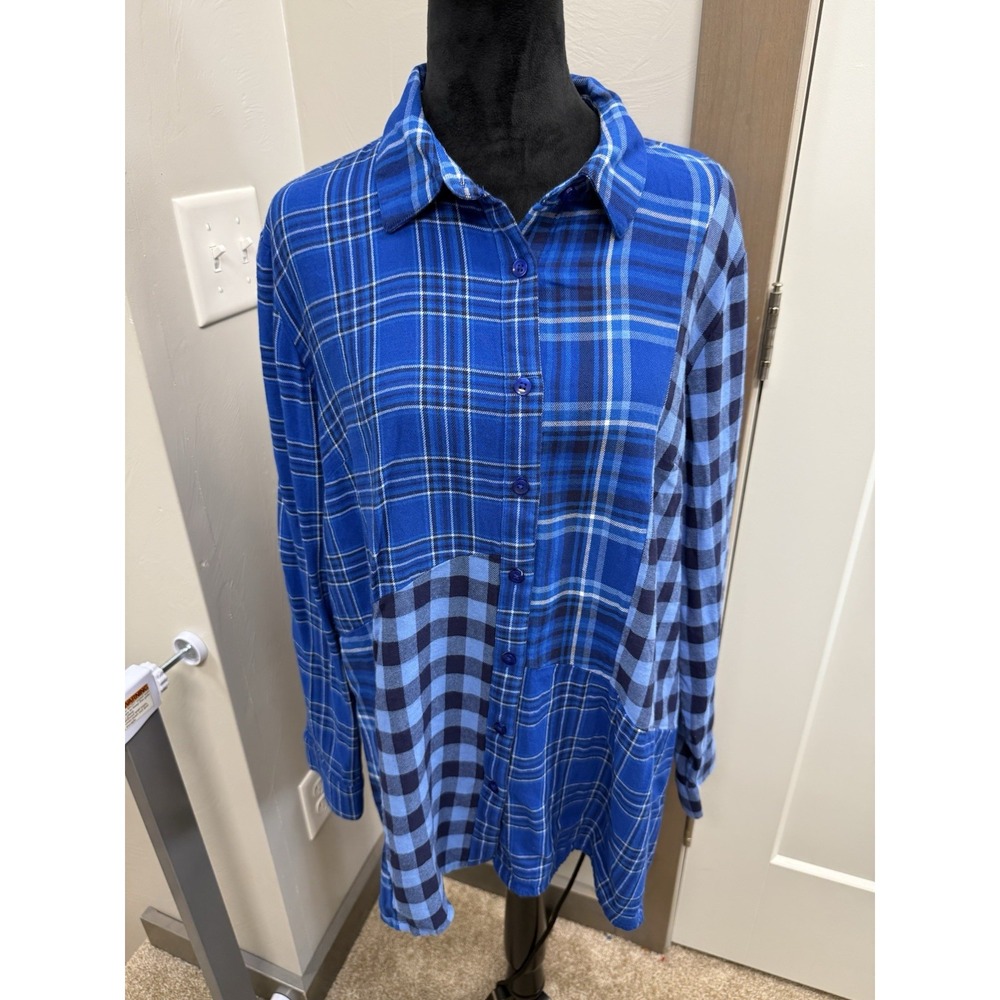 Coldwater Creek Blue Mixed Plaid Patchwork Button Down Tunic Shirt Womens M